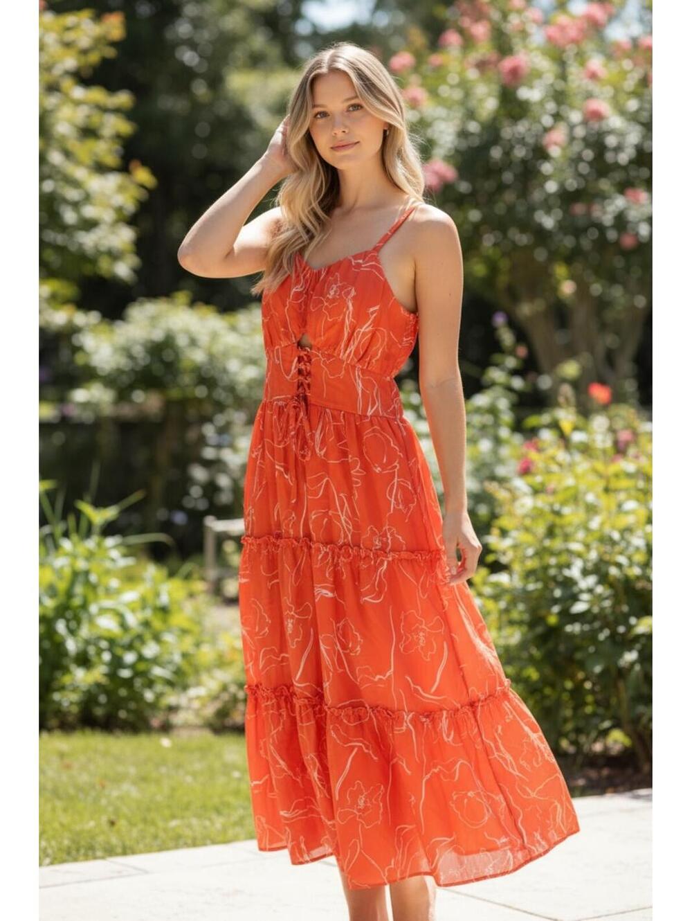 NWT Grace Karin Orange Floral Tiered‎ Maxi Dress with Adjustable Straps SZ Med
